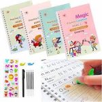Montessori Reusable Magic Book 4Magic Books + 1Magic Pen + 10Refills + 1Grip Children's Calligraphy Copybook Magic Writin